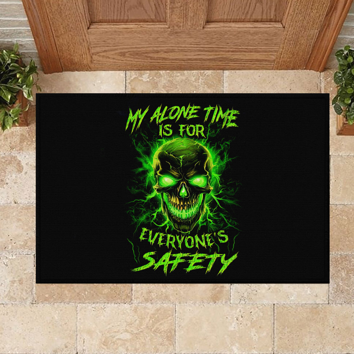 Flame Skull Rubber Doormat My Alone TIme Is For Everyone Safe - Wonder Print Shop
