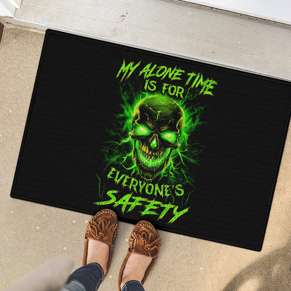Flame Skull Rubber Doormat My Alone TIme Is For Everyone Safe - Wonder Print Shop