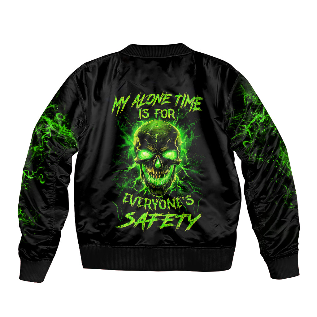 Flame Skull Sleeve Zip Bomber Jacket My Alone TIme Is For Everyone Safe - Wonder Print Shop