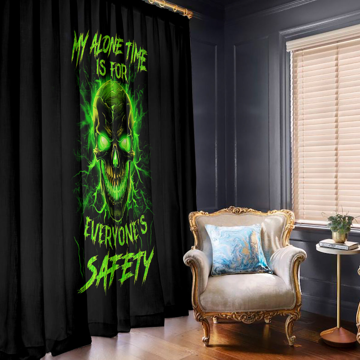 Flame Skull Window Curtain My Alone TIme Is For Everyone Safe - Wonder Print Shop
