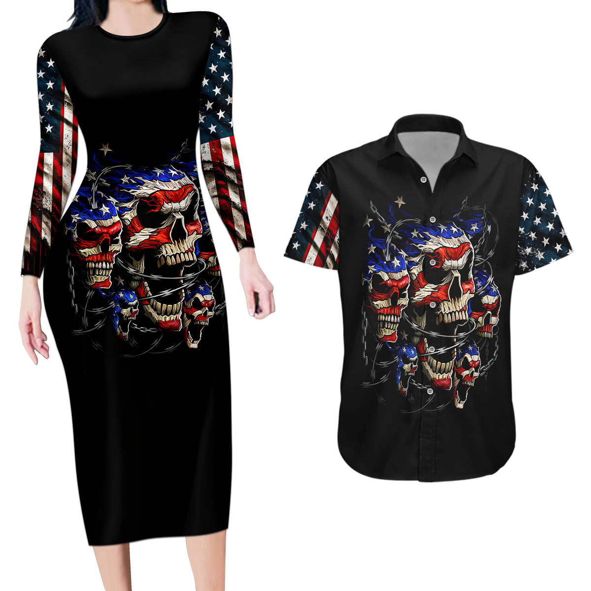 American Skull Couples Matching Long Sleeve Bodycon Dress and Hawaiian Shirt Nice To Meet You Im The Coach - Wonder Print Shop