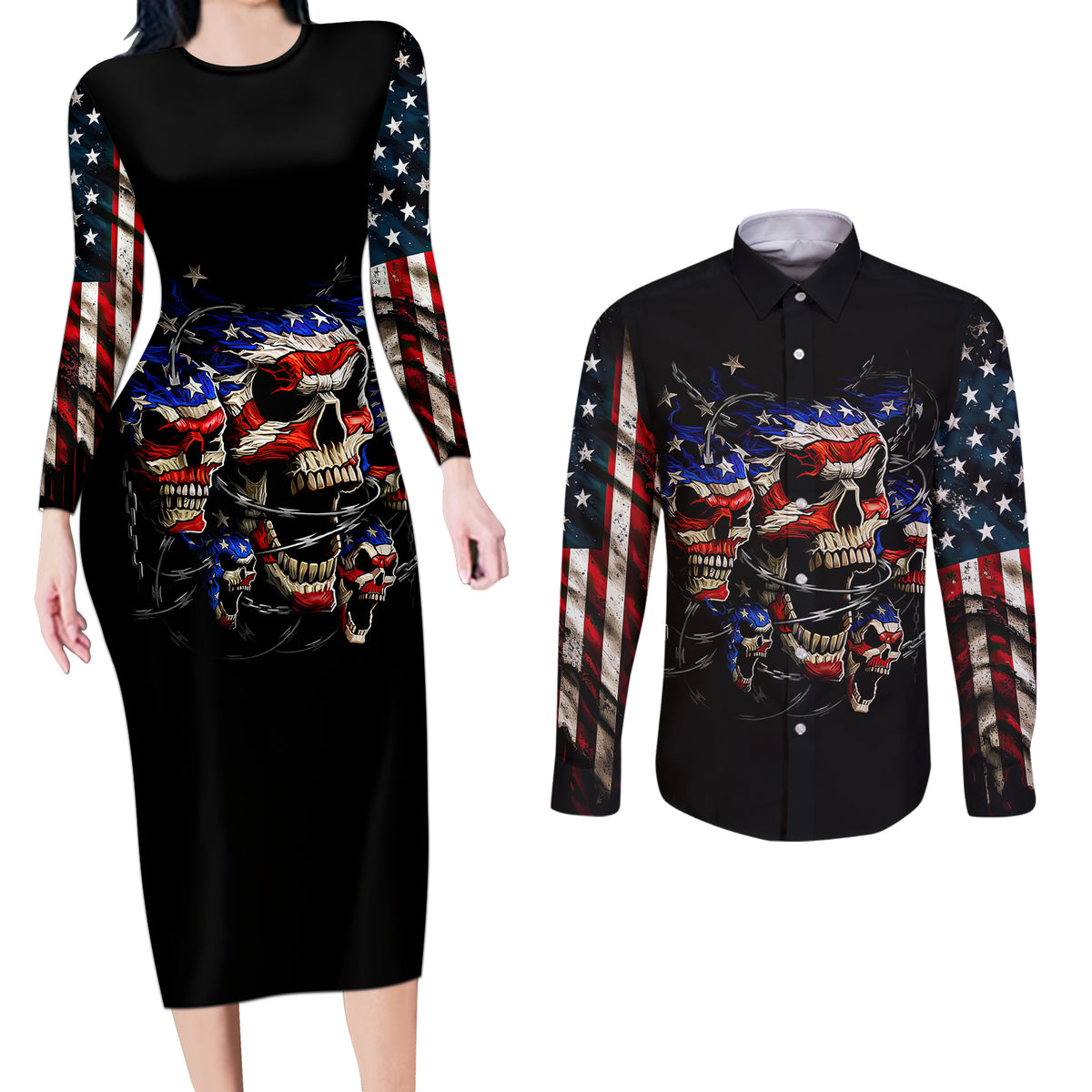 American Skull Couples Matching Long Sleeve Bodycon Dress and Long Sleeve Button Shirts Nice To Meet You Im The Coach - Wonder Print Shop
