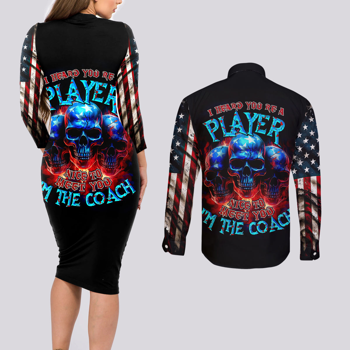 American Skull Couples Matching Long Sleeve Bodycon Dress and Long Sleeve Button Shirts Nice To Meet You Im The Coach - Wonder Print Shop