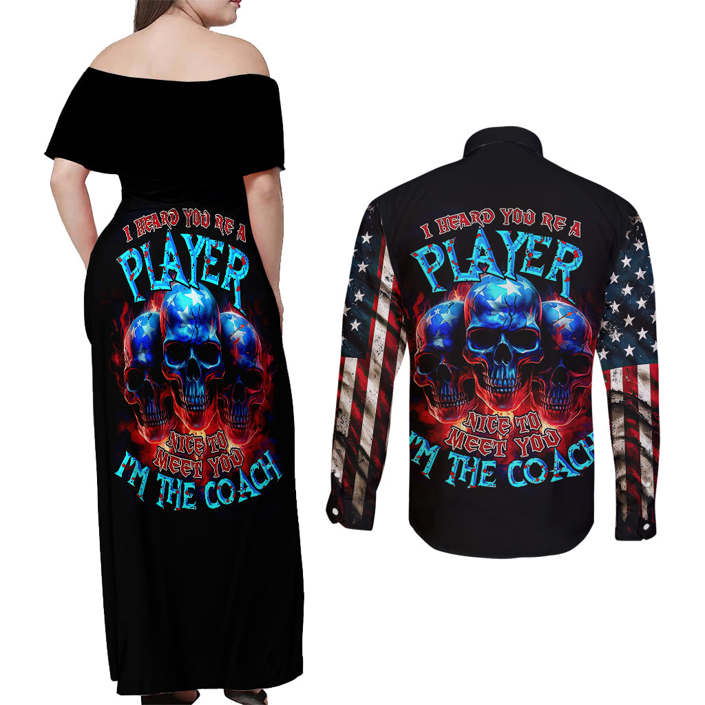 American Skull Couples Matching Off Shoulder Maxi Dress and Long Sleeve Button Shirts Nice To Meet You Im The Coach - Wonder Print Shop