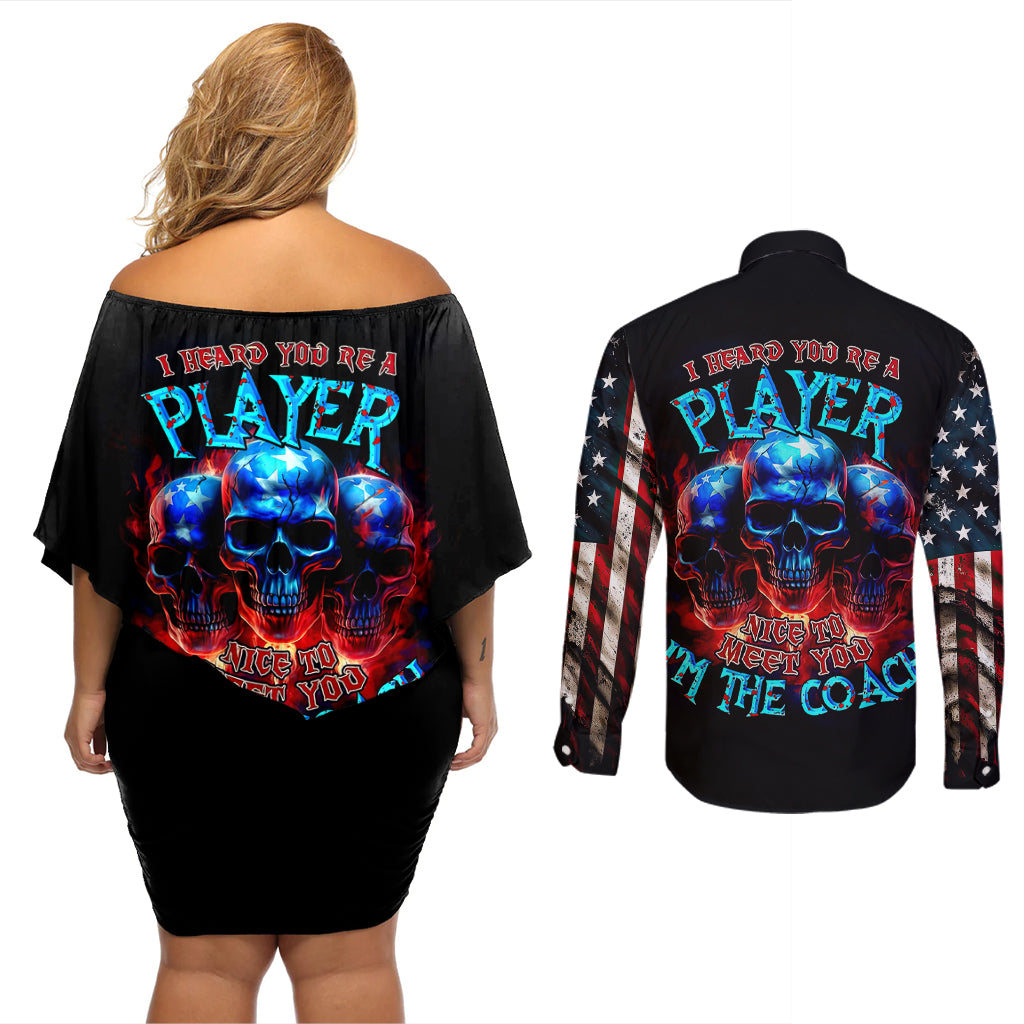 American Skull Couples Matching Off Shoulder Short Dress and Long Sleeve Button Shirts Nice To Meet You Im The Coach - Wonder Print Shop