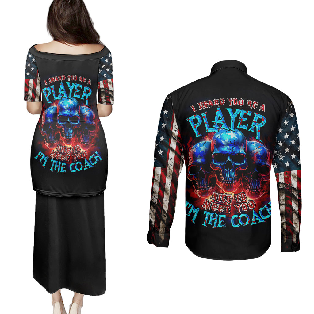 American Skull Couples Matching Puletasi Dress and Long Sleeve Button Shirts Nice To Meet You Im The Coach - Wonder Print Shop