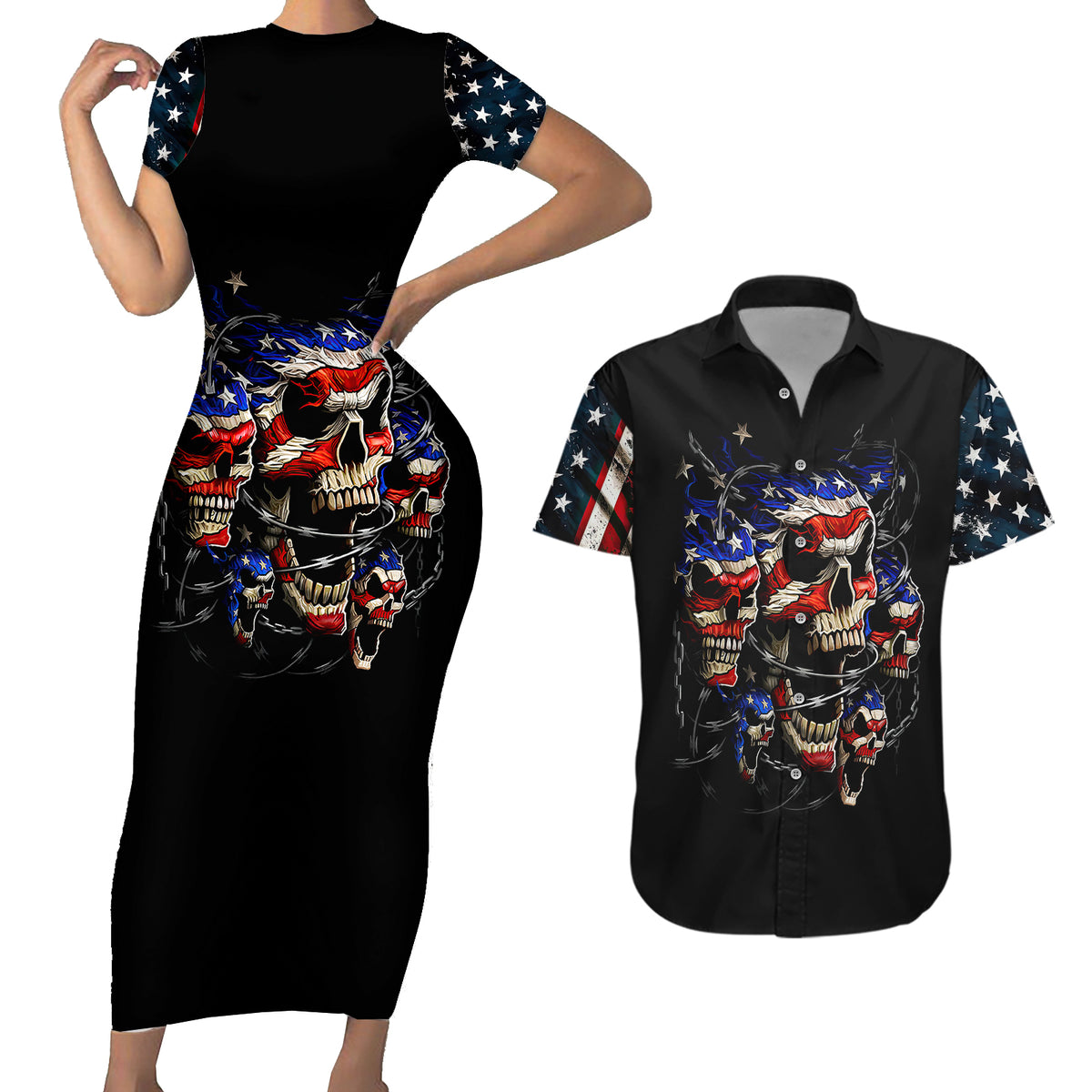 American Skull Couples Matching Short Sleeve Bodycon Dress and Hawaiian Shirt Nice To Meet You Im The Coach - Wonder Print Shop