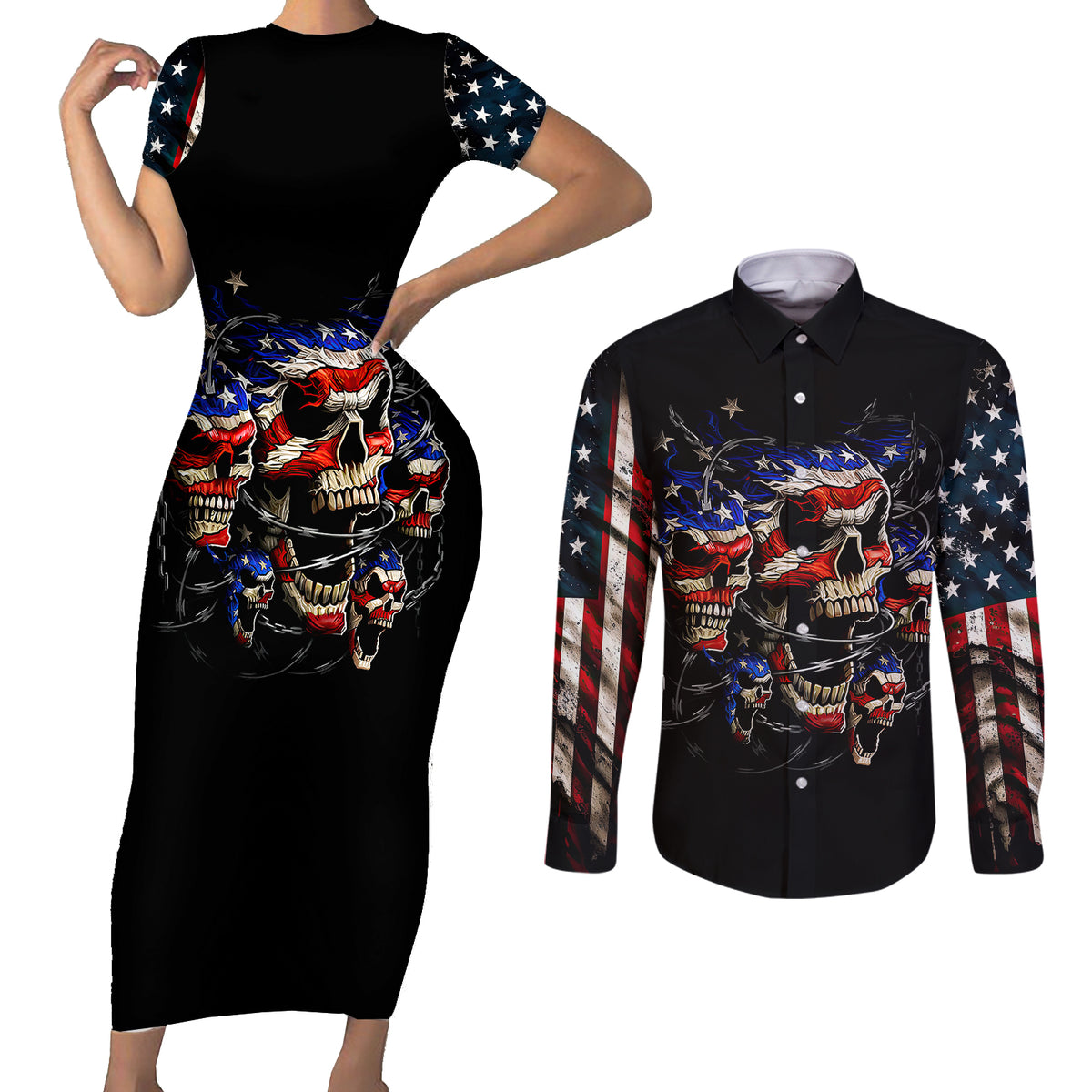 American Skull Couples Matching Short Sleeve Bodycon Dress and Long Sleeve Button Shirts Nice To Meet You Im The Coach - Wonder Print Shop