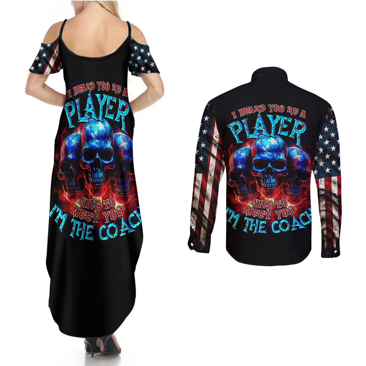 American Skull Couples Matching Summer Maxi Dress and Long Sleeve Button Shirts Nice To Meet You Im The Coach - Wonder Print Shop