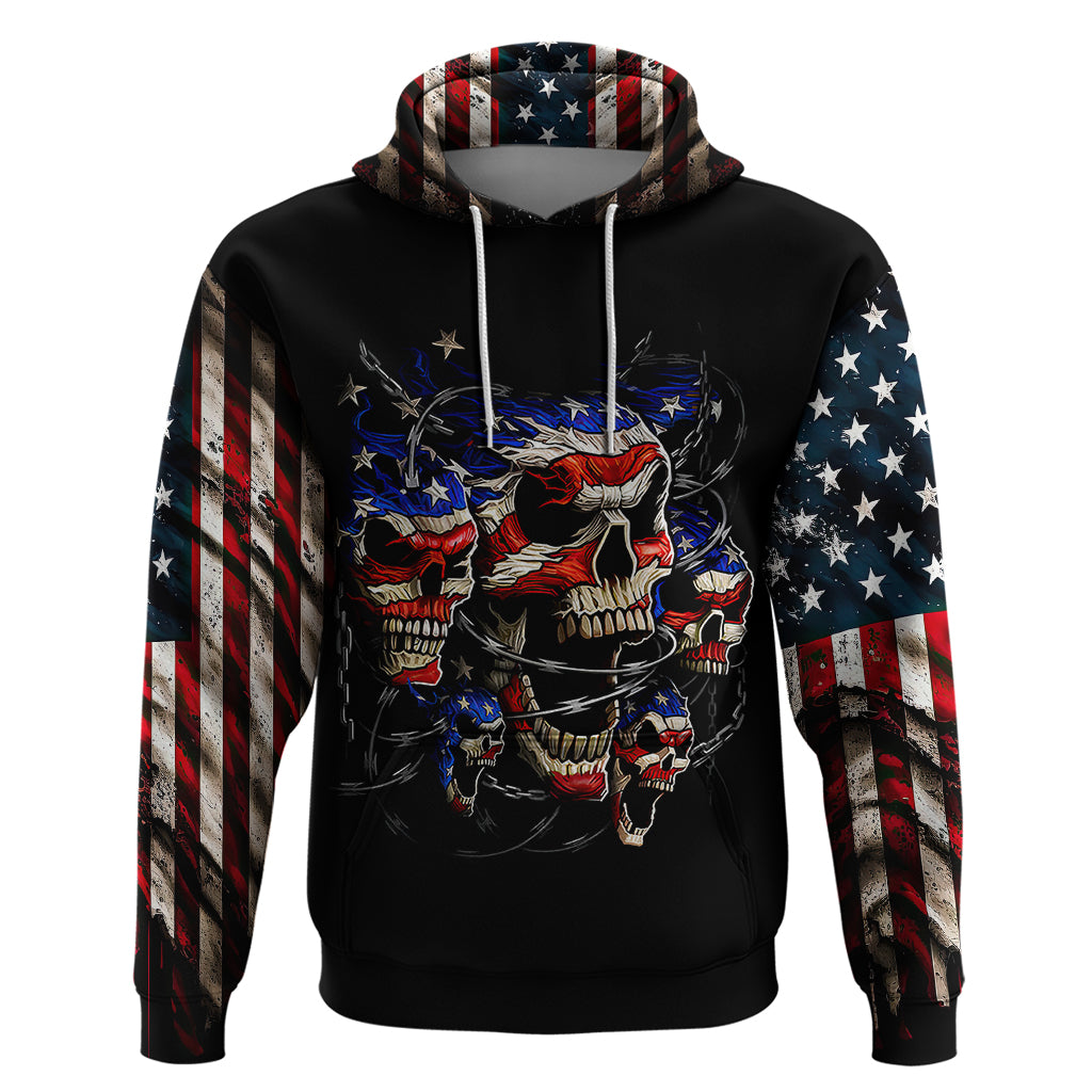 Black pullover hoodie with American flag sleeves and large front skull graphic, hood up
