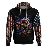 Black pullover hoodie with American flag sleeves and large front skull graphic, hood up