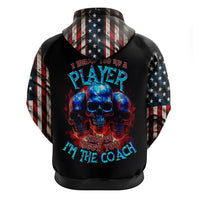 Black pullover hoodie with American flag sleeves and colorful skull graphic on front