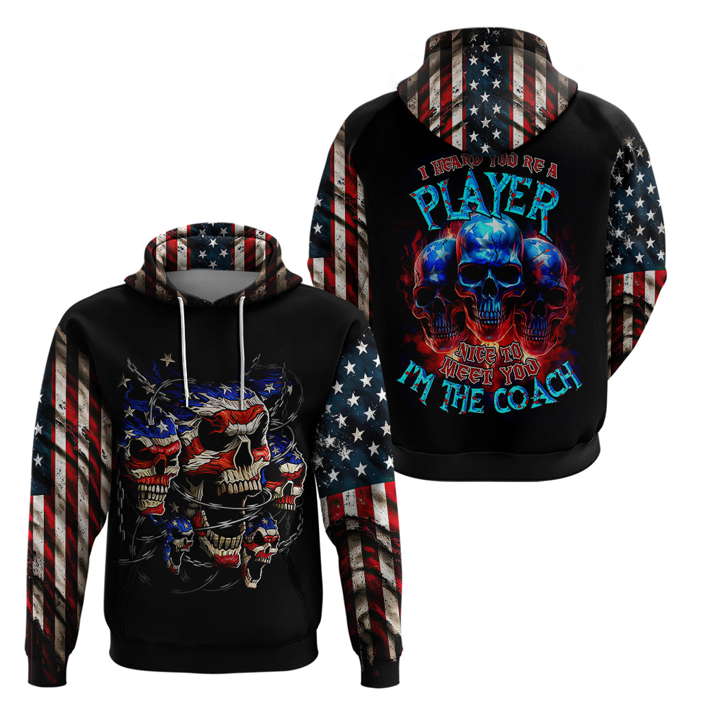 Two black pullover hoodies with American flag sleeves and skull graphics, front views