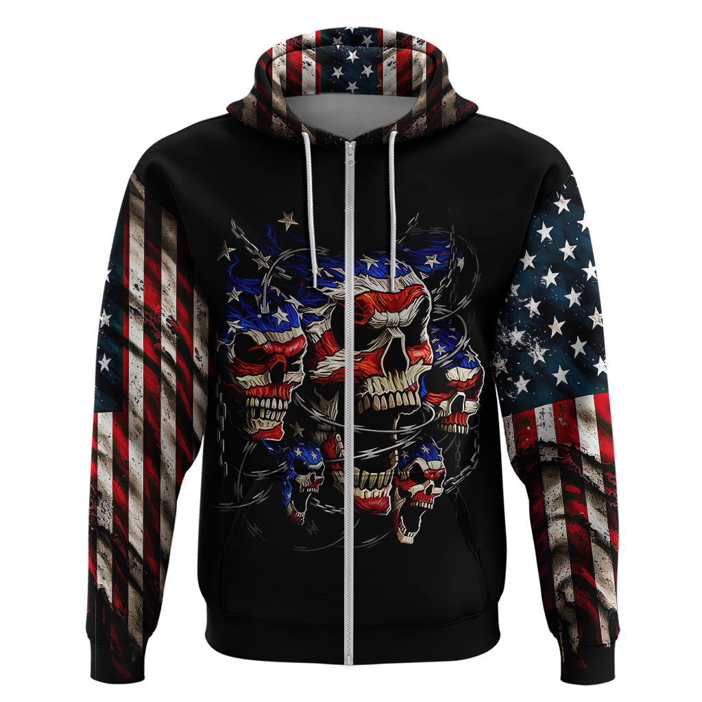 Black pullover hoodie with hood and American flag sleeve print, skull graphic on front
