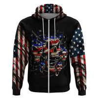 Black pullover hoodie with hood and American flag sleeve print, skull graphic on front