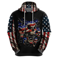 Black pullover hoodie with American flag sleeves, front skull illustration with blue-red details