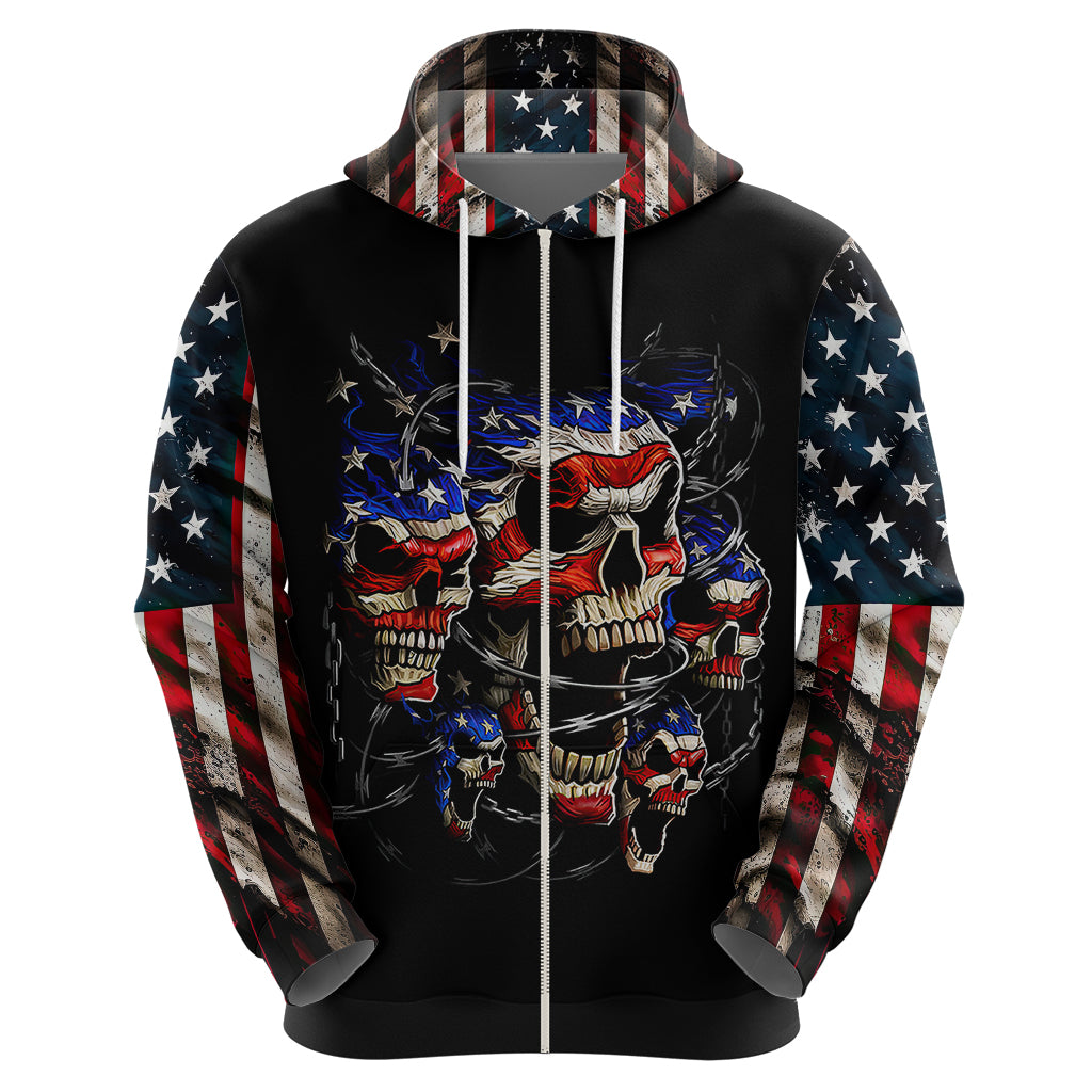 Black pullover hoodie with hood drawstrings and American flag sleeve print, skull graphic centered