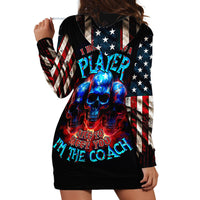 Black hoodie dress with colorful skull and American flag graphics, front pocket and long sleeves