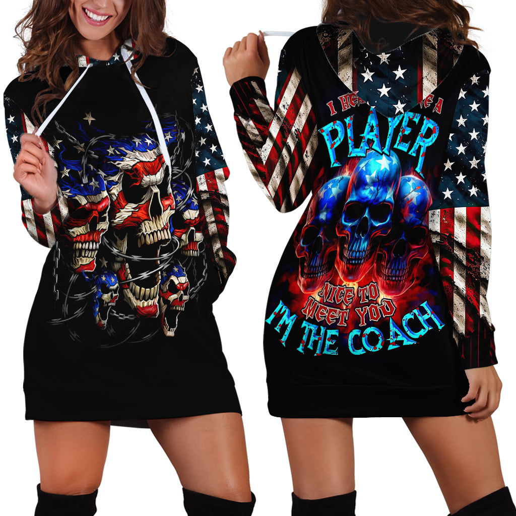 Black hoodie dress, two-panel view: patriotic skull front graphic and striped arm bands