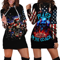 Black hoodie dress, two-panel view: patriotic skull front graphic and striped arm bands