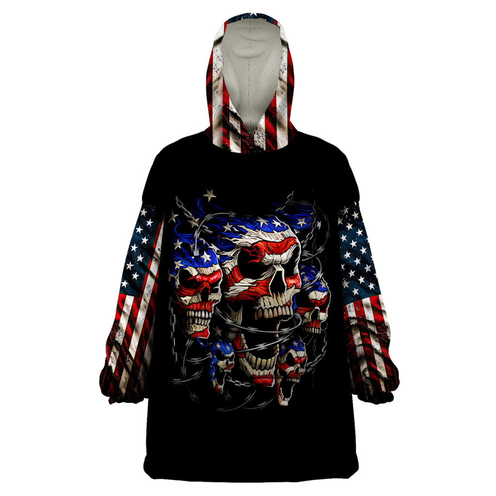 Black wearable blanket hoodie with hood, front skull graphic over stars-and-stripes