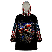 Black wearable blanket hoodie with hood, front skull graphic over stars-and-stripes
