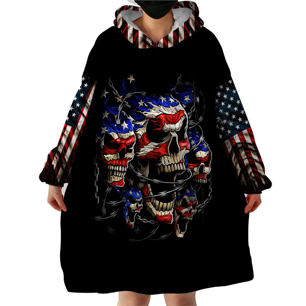 Black wearable blanket hoodie, hooded front view with colorful skull and star print