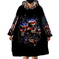 Black wearable blanket hoodie, hooded front view with colorful skull and star print