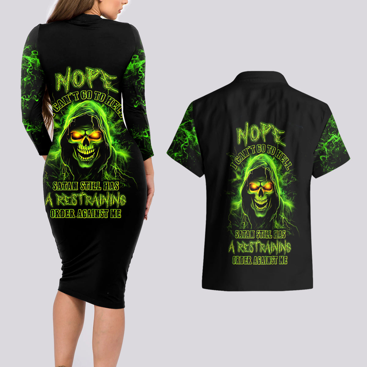 Thunder Skull Couples Matching Long Sleeve Bodycon Dress and Hawaiian Shirt Satan Still Has A Restrainning Order Against Me - Wonder Print Shop