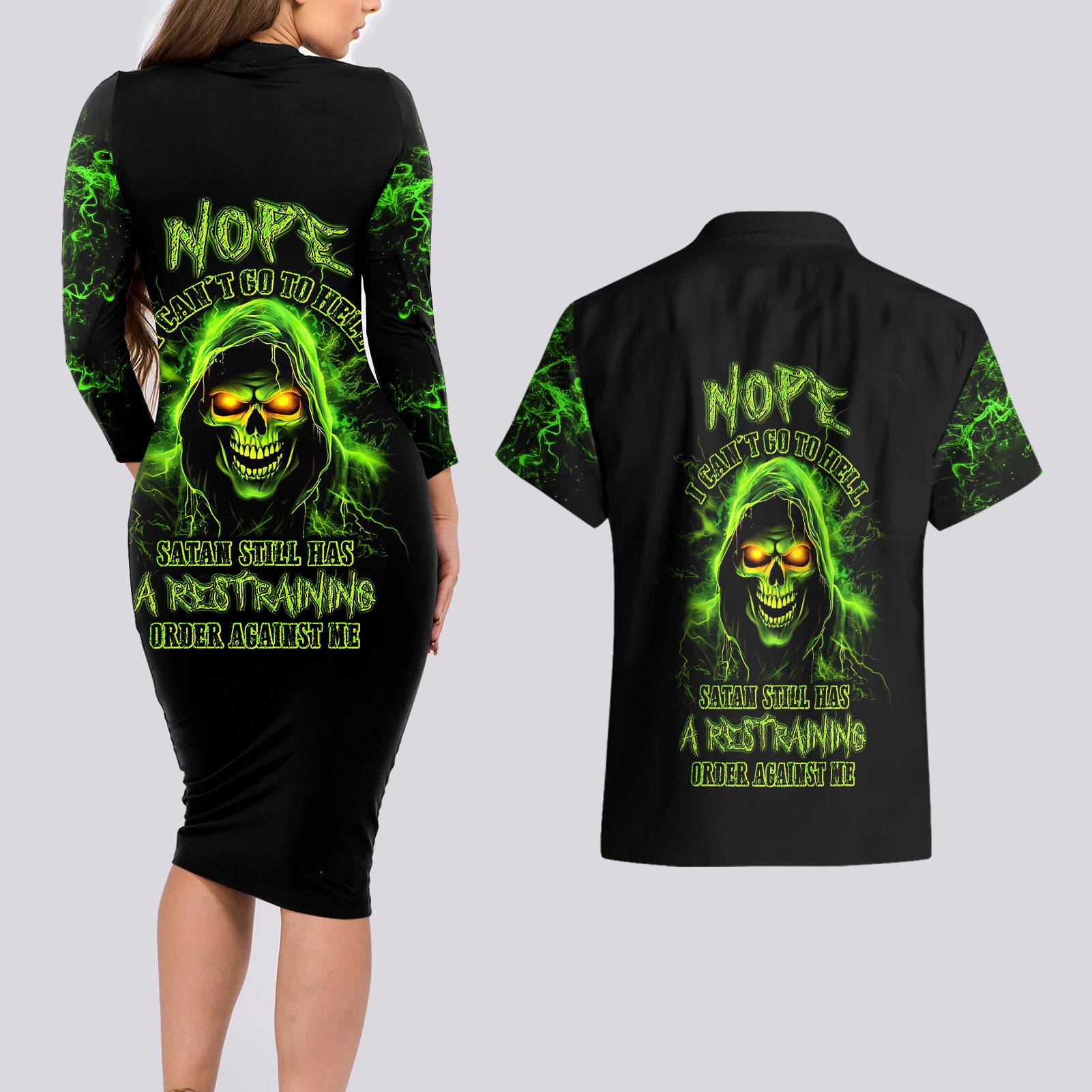 Thunder Skull Couples Matching Long Sleeve Bodycon Dress and Hawaiian Shirt Satan Still Has A Restrainning Order Against Me - Wonder Print Shop