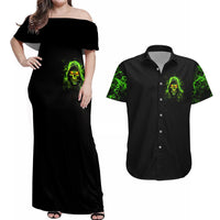Thunder Skull Couples Matching Off Shoulder Maxi Dress and Hawaiian Shirt Satan Still Has A Restrainning Order Against Me - Wonder Print Shop