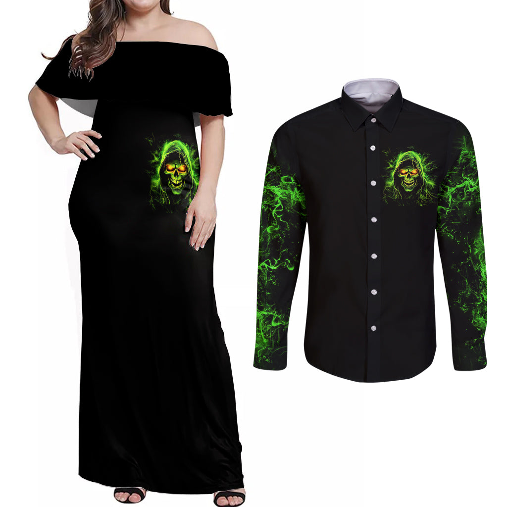 Thunder Skull Couples Matching Off Shoulder Maxi Dress and Long Sleeve Button Shirts Satan Still Has A Restrainning Order Against Me - Wonder Print Shop
