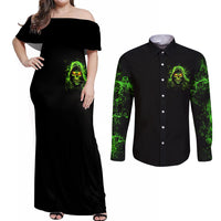 Thunder Skull Couples Matching Off Shoulder Maxi Dress and Long Sleeve Button Shirts Satan Still Has A Restrainning Order Against Me - Wonder Print Shop