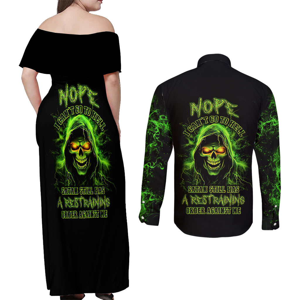 Thunder Skull Couples Matching Off Shoulder Maxi Dress and Long Sleeve Button Shirts Satan Still Has A Restrainning Order Against Me - Wonder Print Shop
