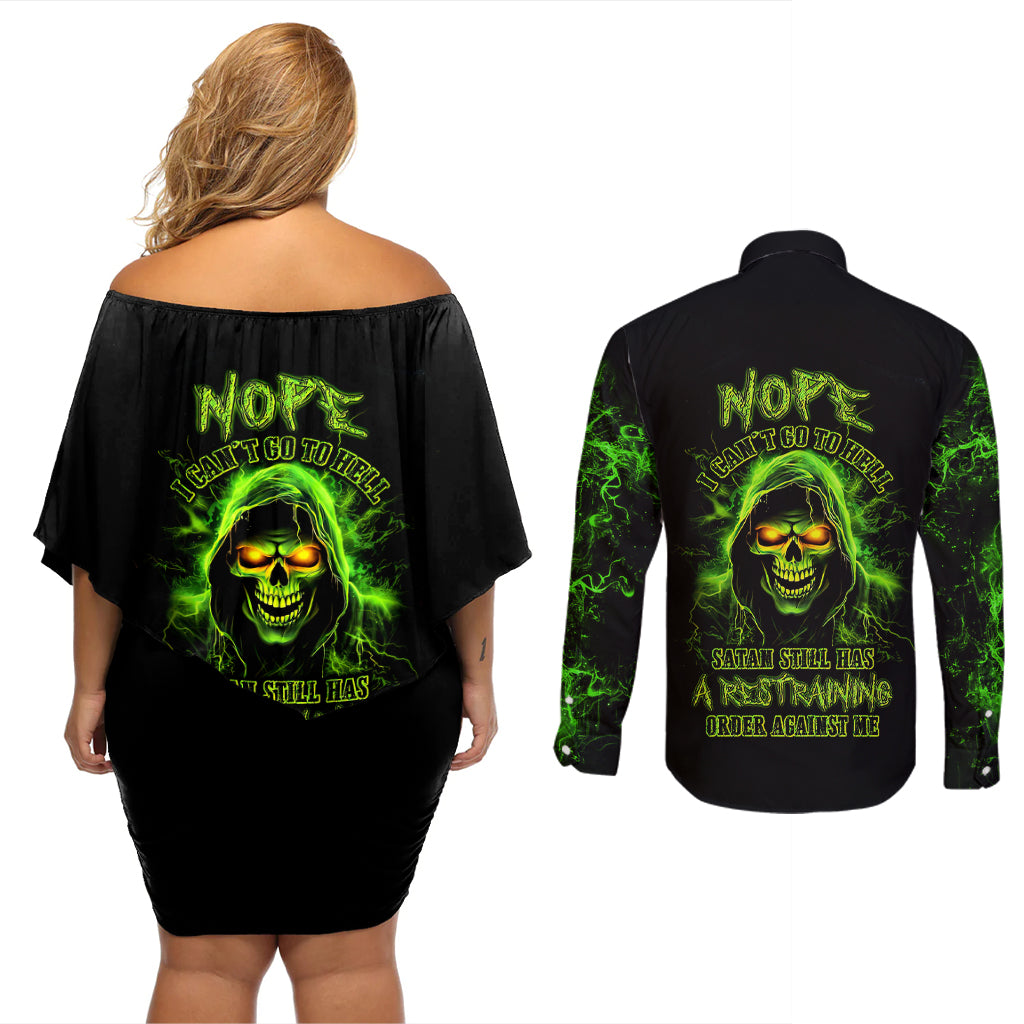 Thunder Skull Couples Matching Off Shoulder Short Dress and Long Sleeve Button Shirts Satan Still Has A Restrainning Order Against Me - Wonder Print Shop