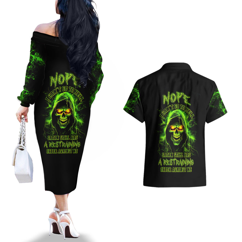 Thunder Skull Couples Matching Off The Shoulder Long Sleeve Dress and Hawaiian Shirt Satan Still Has A Restrainning Order Against Me - Wonder Print Shop