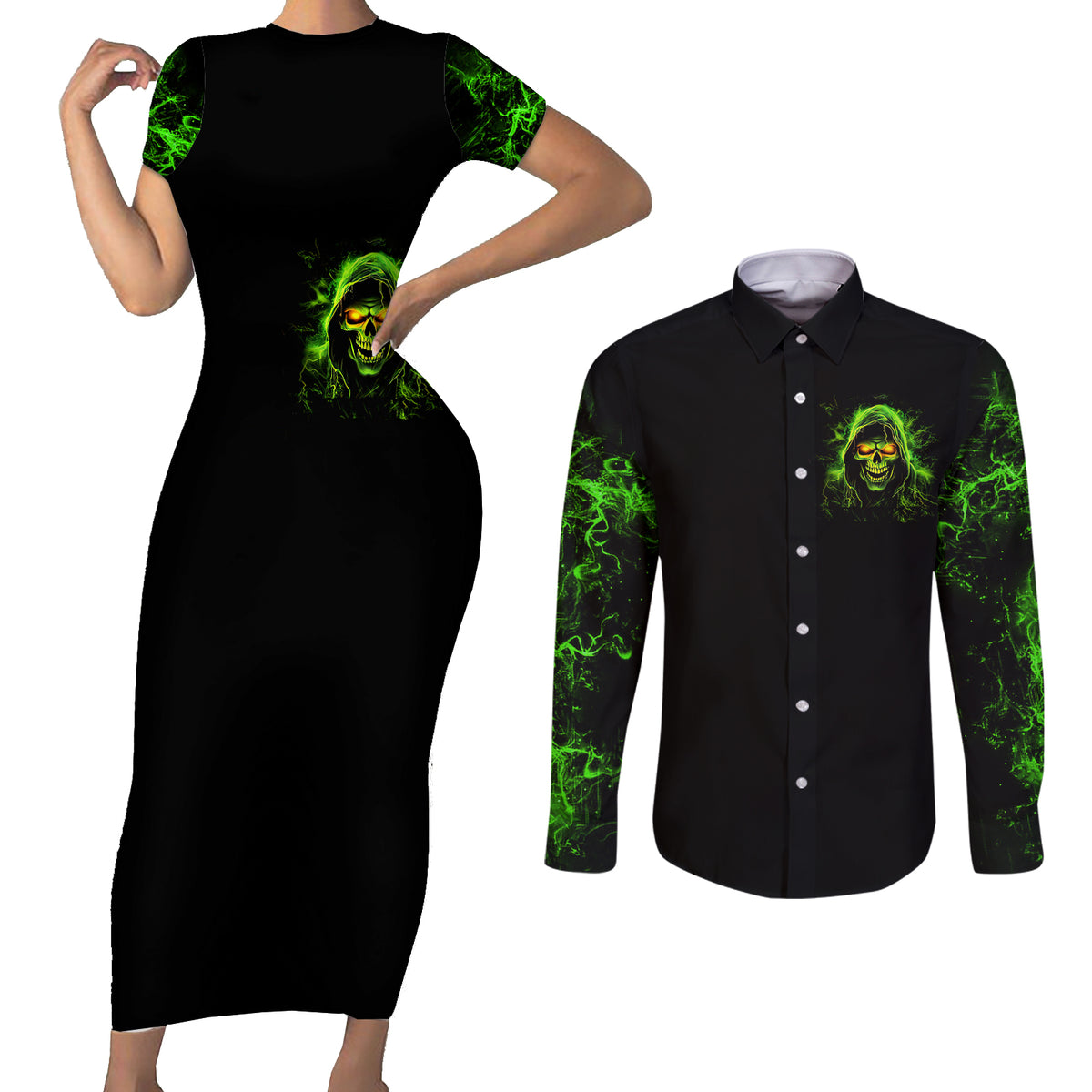 Thunder Skull Couples Matching Short Sleeve Bodycon Dress and Long Sleeve Button Shirts Satan Still Has A Restrainning Order Against Me - Wonder Print Shop
