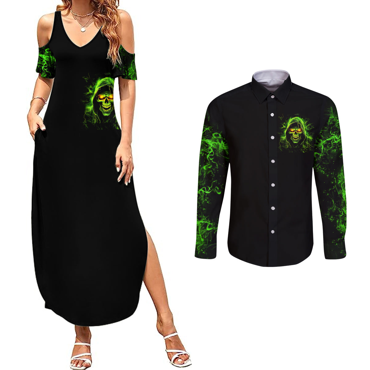 Thunder Skull Couples Matching Summer Maxi Dress and Long Sleeve Button Shirts Satan Still Has A Restrainning Order Against Me - Wonder Print Shop