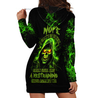 Black hoodie dress with green skull graphic and text on back, long sleeves