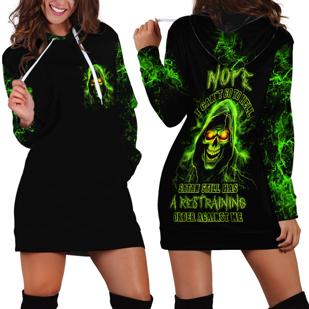 Black hoodie dress: front and back with green skull graphic and statement text