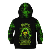 Black hoodie with green skull back print and large hood