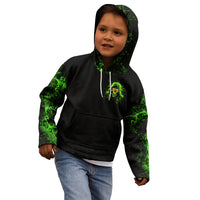 Black zip hoodie worn by child with green skull face on chest