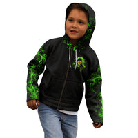 Black zip hoodie worn by child with green skull face and front zipper