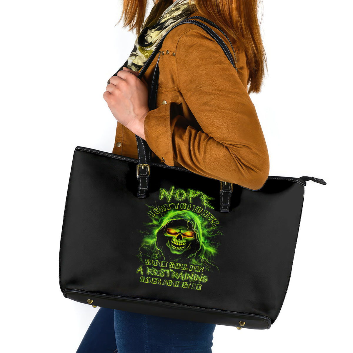Thunder Skull Leather Tote Bag Satan Still Has A Restrainning Order Against Me - Wonder Print Shop