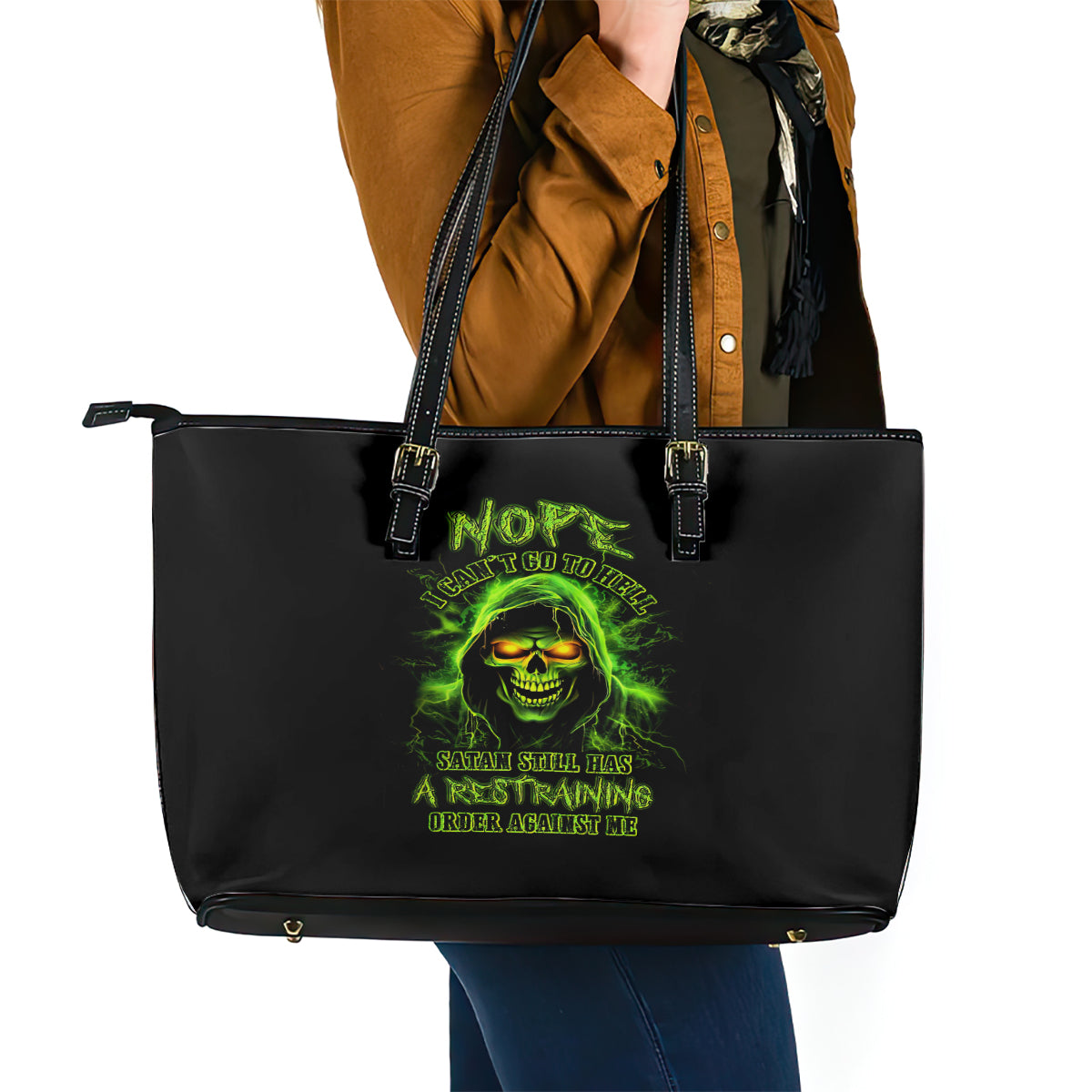 Thunder Skull Leather Tote Bag Satan Still Has A Restrainning Order Against Me - Wonder Print Shop