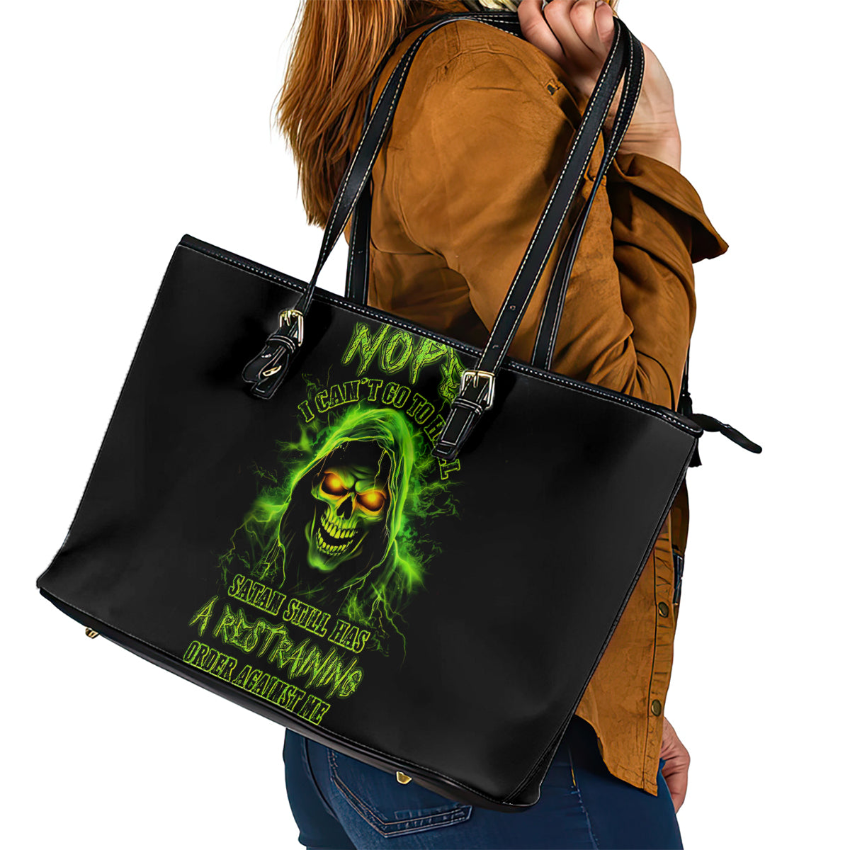 Thunder Skull Leather Tote Bag Satan Still Has A Restrainning Order Against Me - Wonder Print Shop
