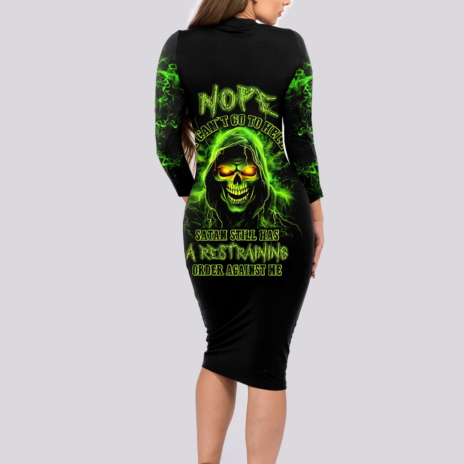 Thunder Skull Long Sleeve Bodycon Dress Satan Still Has A Restrainning Order Against Me - Wonder Print Shop