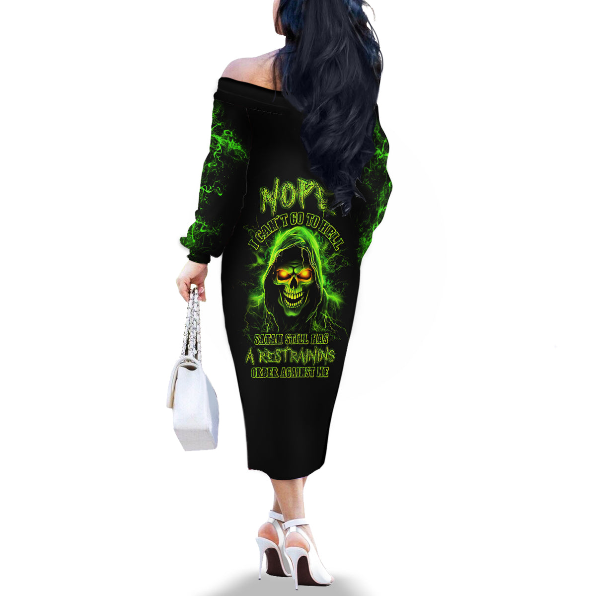 Thunder Skull Off The Shoulder Long Sleeve Dress Satan Still Has A Restrainning Order Against Me - Wonder Print Shop