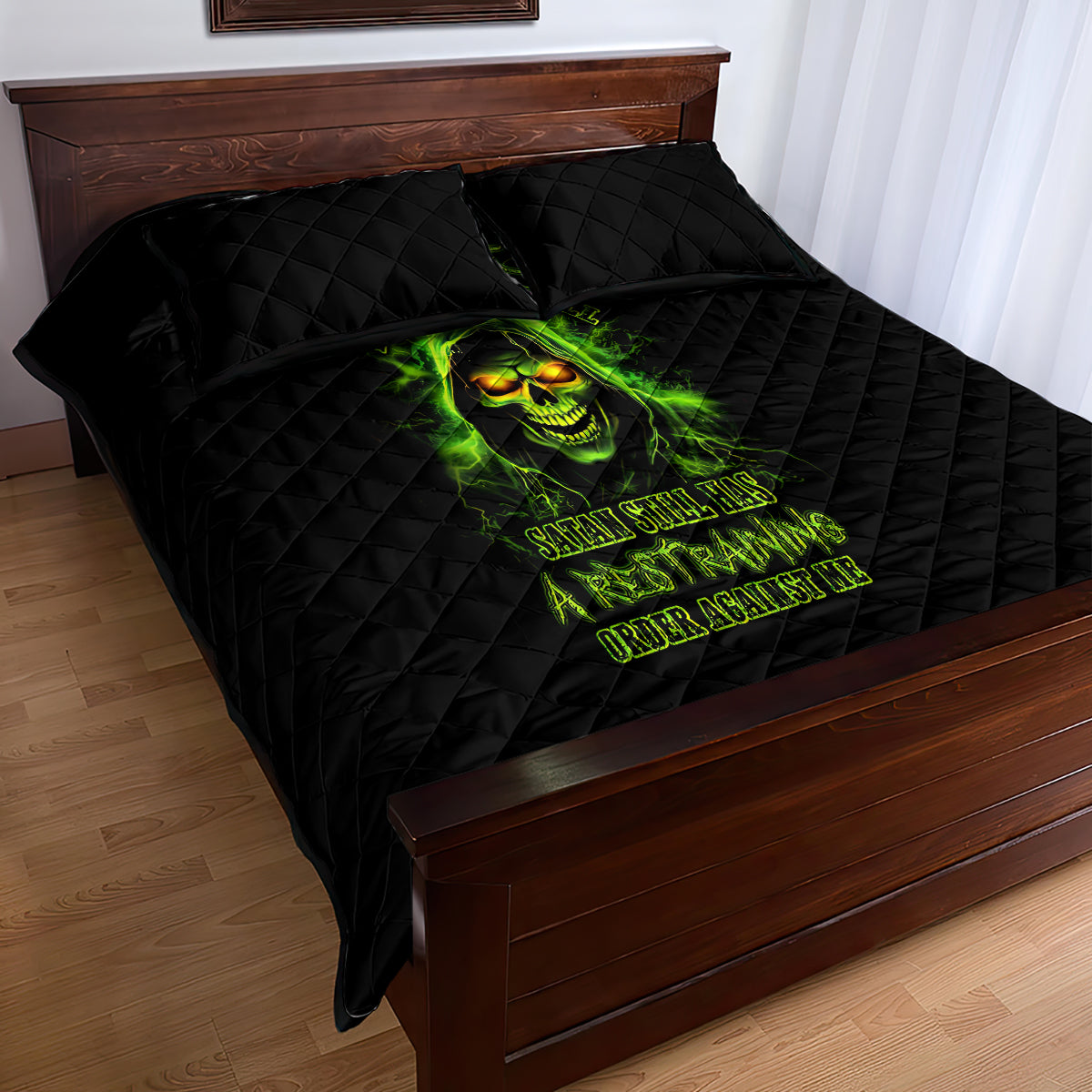 Thunder Skull Quilt Bed Set Satan Still Has A Restrainning Order Against Me - Wonder Print Shop
