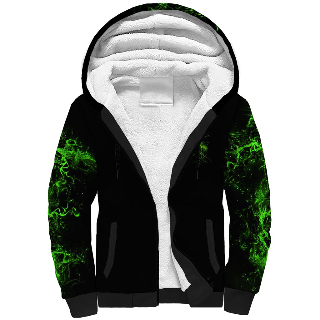 Black sherpa hoodie open front with white sherpa lining and black hood